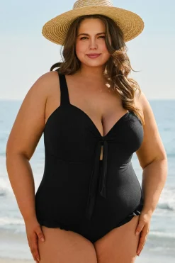 Clearance Dear-Lover Plus Size Textured Knotted Ruffled Trim One Piece Swimwear Black