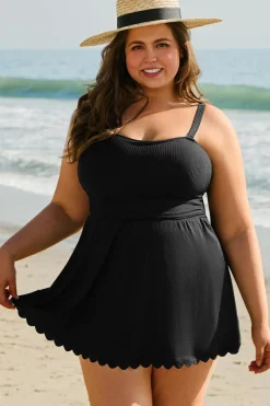 Fashion Dear-Lover Plus Size Textured Scalloped Trim Swim Dress with Panty Black
