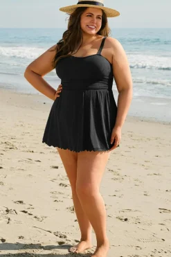 Fashion Dear-Lover Plus Size Textured Scalloped Trim Swim Dress with Panty Black