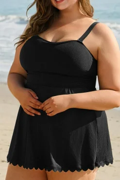 Fashion Dear-Lover Plus Size Textured Scalloped Trim Swim Dress with Panty Black
