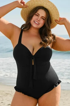 Clearance Dear-Lover Plus Size Textured Knotted Ruffled Trim One Piece Swimwear Black