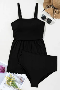 Fashion Dear-Lover Plus Size Textured Scalloped Trim Swim Dress with Panty Black