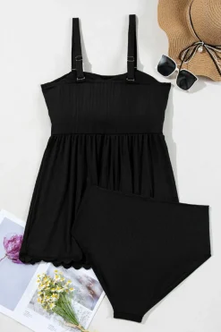 Fashion Dear-Lover Plus Size Textured Scalloped Trim Swim Dress with Panty Black