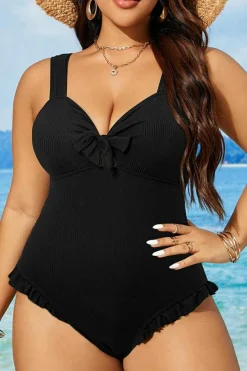 Clearance Dear-Lover Plus Size Textured Knotted Ruffled Trim One Piece Swimwear Black