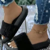 Sale Dear-Lover Plush Band Comfy Home Slippers Black