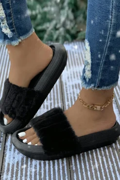 Sale Dear-Lover Plush Band Comfy Home Slippers Black
