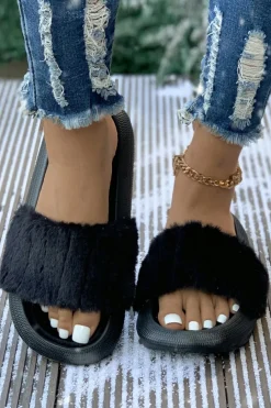 Sale Dear-Lover Plush Band Comfy Home Slippers Black