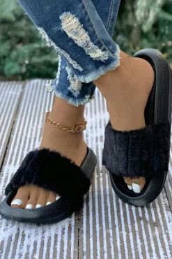 Sale Dear-Lover Plush Band Comfy Home Slippers Black