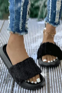 Sale Dear-Lover Plush Band Comfy Home Slippers Black