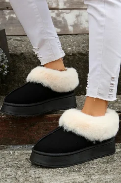 Online Dear-Lover Plush Suede Trim Thick Sole Flat Snow Boots Black