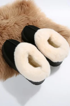 Online Dear-Lover Plush Suede Trim Thick Sole Flat Snow Boots Black