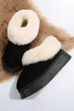 Online Dear-Lover Plush Suede Trim Thick Sole Flat Snow Boots Black