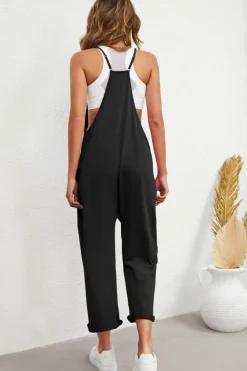 Discount Dear-Lover Pocketed Adjustable Spaghetti Strap Straight Leg Jumpsuit Black