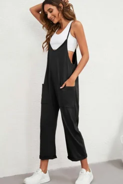 Discount Dear-Lover Pocketed Adjustable Spaghetti Strap Straight Leg Jumpsuit Black
