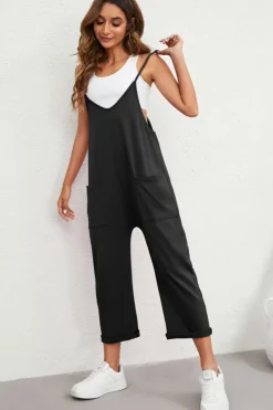 Discount Dear-Lover Pocketed Adjustable Spaghetti Strap Straight Leg Jumpsuit Black