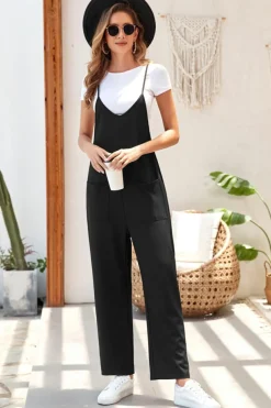 Discount Dear-Lover Pocketed Adjustable Spaghetti Strap Straight Leg Jumpsuit Black