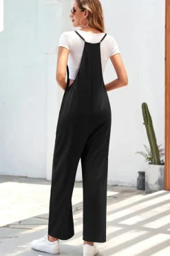 Discount Dear-Lover Pocketed Adjustable Spaghetti Strap Straight Leg Jumpsuit Black
