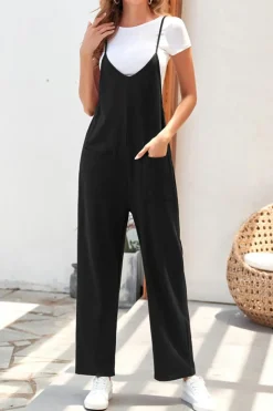 Discount Dear-Lover Pocketed Adjustable Spaghetti Strap Straight Leg Jumpsuit Black