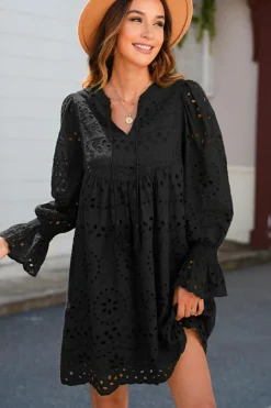 Outlet Dear-Lover Pointelle Drawstring Notch V Neck Loose Fit Mini Dress Black