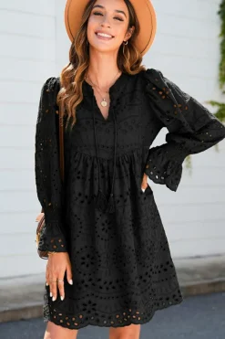 Outlet Dear-Lover Pointelle Drawstring Notch V Neck Loose Fit Mini Dress Black