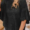 New Dear-Lover Pointelle Knit Scallop Edge Short Sleeve Top Black