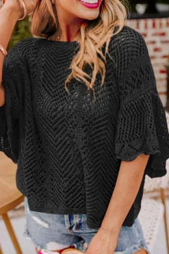 New Dear-Lover Pointelle Knit Scallop Edge Short Sleeve Top Black