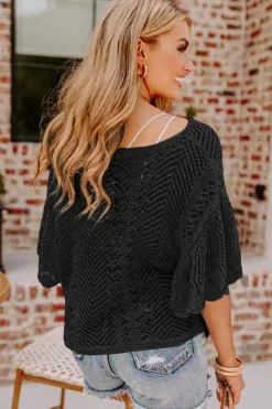 New Dear-Lover Pointelle Knit Scallop Edge Short Sleeve Top Black
