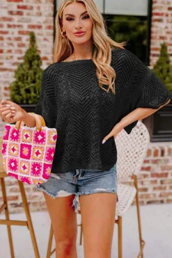New Dear-Lover Pointelle Knit Scallop Edge Short Sleeve Top Black