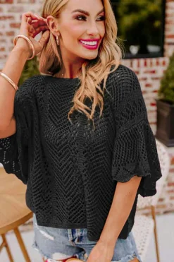 New Dear-Lover Pointelle Knit Scallop Edge Short Sleeve Top Black