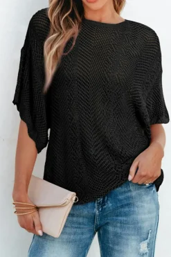 New Dear-Lover Pointelle Knit Scallop Edge Short Sleeve Top Black