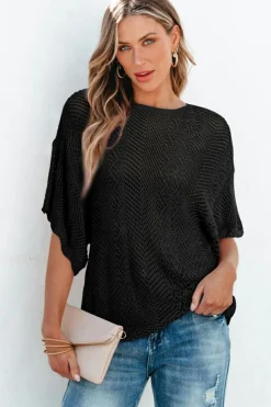 New Dear-Lover Pointelle Knit Scallop Edge Short Sleeve Top Black