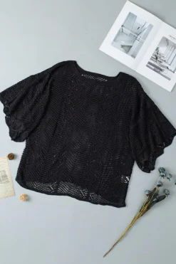 New Dear-Lover Pointelle Knit Scallop Edge Short Sleeve Top Black