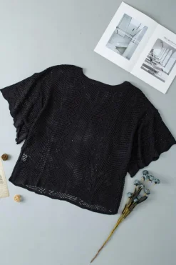 New Dear-Lover Pointelle Knit Scallop Edge Short Sleeve Top Black