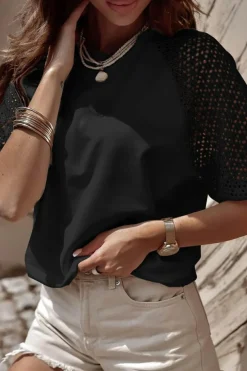 Clearance Dear-Lover Pointelle Lace Half Sleeve Crew Neck Tee Black