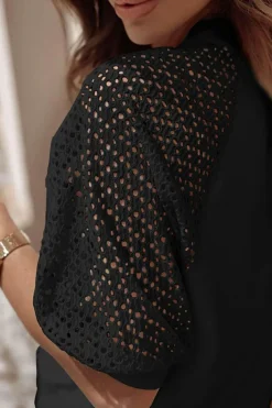 Clearance Dear-Lover Pointelle Lace Half Sleeve Crew Neck Tee Black