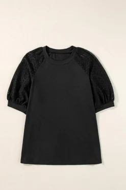Clearance Dear-Lover Pointelle Lace Half Sleeve Crew Neck Tee Black