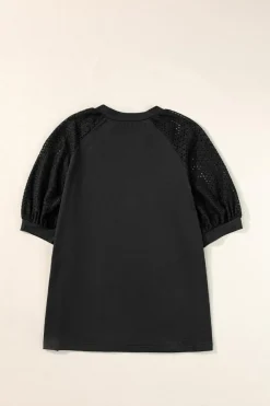 Clearance Dear-Lover Pointelle Lace Half Sleeve Crew Neck Tee Black