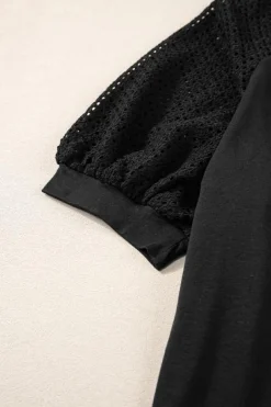 Clearance Dear-Lover Pointelle Lace Half Sleeve Crew Neck Tee Black
