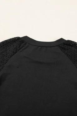 Clearance Dear-Lover Pointelle Lace Half Sleeve Crew Neck Tee Black