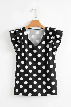 New Dear-Lover Polka Dot Print Ruffled Sleeve V Neck Blouse Black