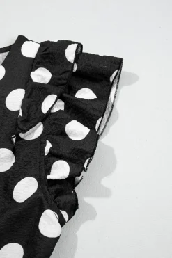 New Dear-Lover Polka Dot Print Ruffled Sleeve V Neck Blouse Black
