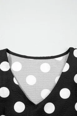 New Dear-Lover Polka Dot Print Ruffled Sleeve V Neck Blouse Black