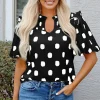 Fashion Dear-Lover Polka Dot Print Shirred Yoke Notched Neck Balloon Sleeve Blouse Black