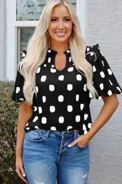 Fashion Dear-Lover Polka Dot Print Shirred Yoke Notched Neck Balloon Sleeve Blouse Black