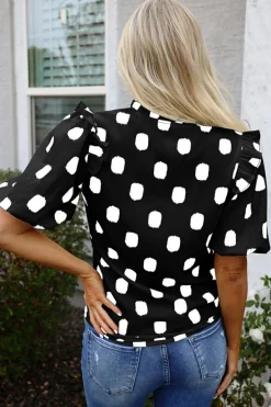 Fashion Dear-Lover Polka Dot Print Shirred Yoke Notched Neck Balloon Sleeve Blouse Black