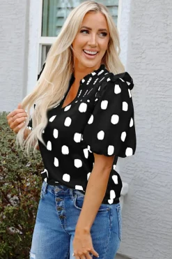 Fashion Dear-Lover Polka Dot Print Shirred Yoke Notched Neck Balloon Sleeve Blouse Black