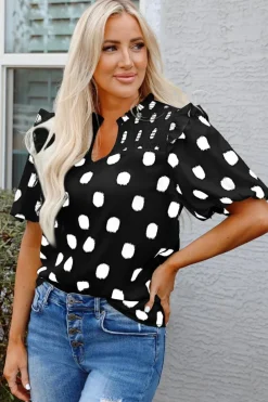 Fashion Dear-Lover Polka Dot Print Shirred Yoke Notched Neck Balloon Sleeve Blouse Black