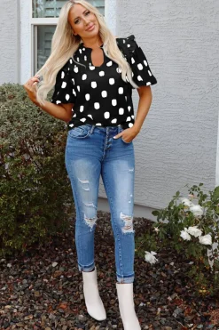 Fashion Dear-Lover Polka Dot Print Shirred Yoke Notched Neck Balloon Sleeve Blouse Black