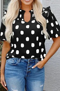 Fashion Dear-Lover Polka Dot Print Shirred Yoke Notched Neck Balloon Sleeve Blouse Black