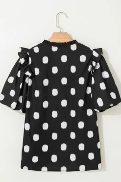 Fashion Dear-Lover Polka Dot Print Shirred Yoke Notched Neck Balloon Sleeve Blouse Black